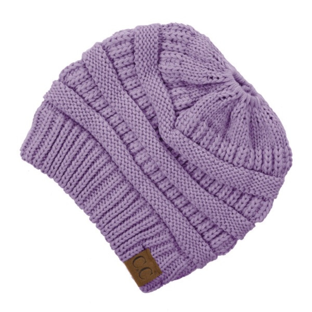 Messy Bun Knitted Beanie Purple